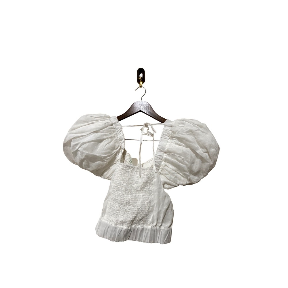 Frame Ruched Crop Puff Sleeve Blouse in Blanc Size Medium NWOT‎ - Picture 6 of 6